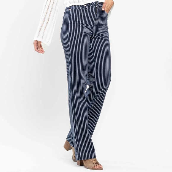 Judy Blue Railroad Stripe Straight Leg Jeans - Picture 1 of 8